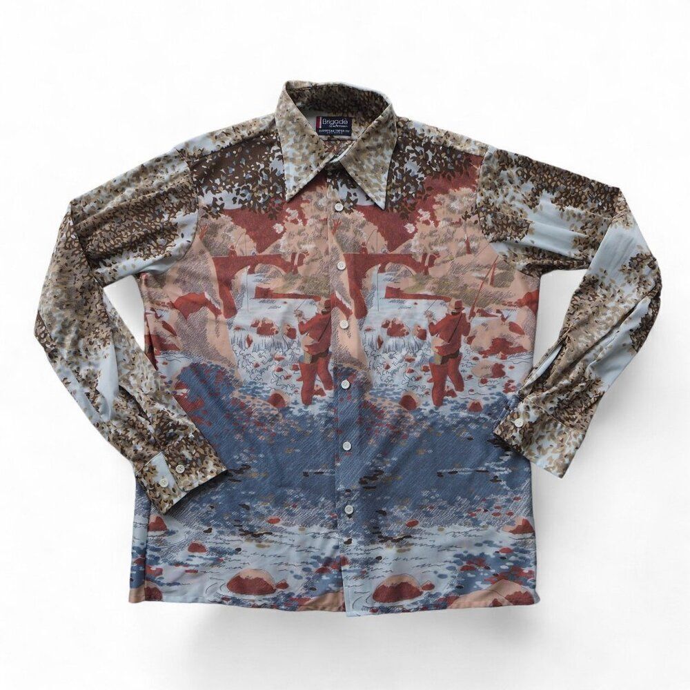 Brigade by Arrow European Taper Fit Vintage 70s "Fly Fishing" Long Sleeve Button